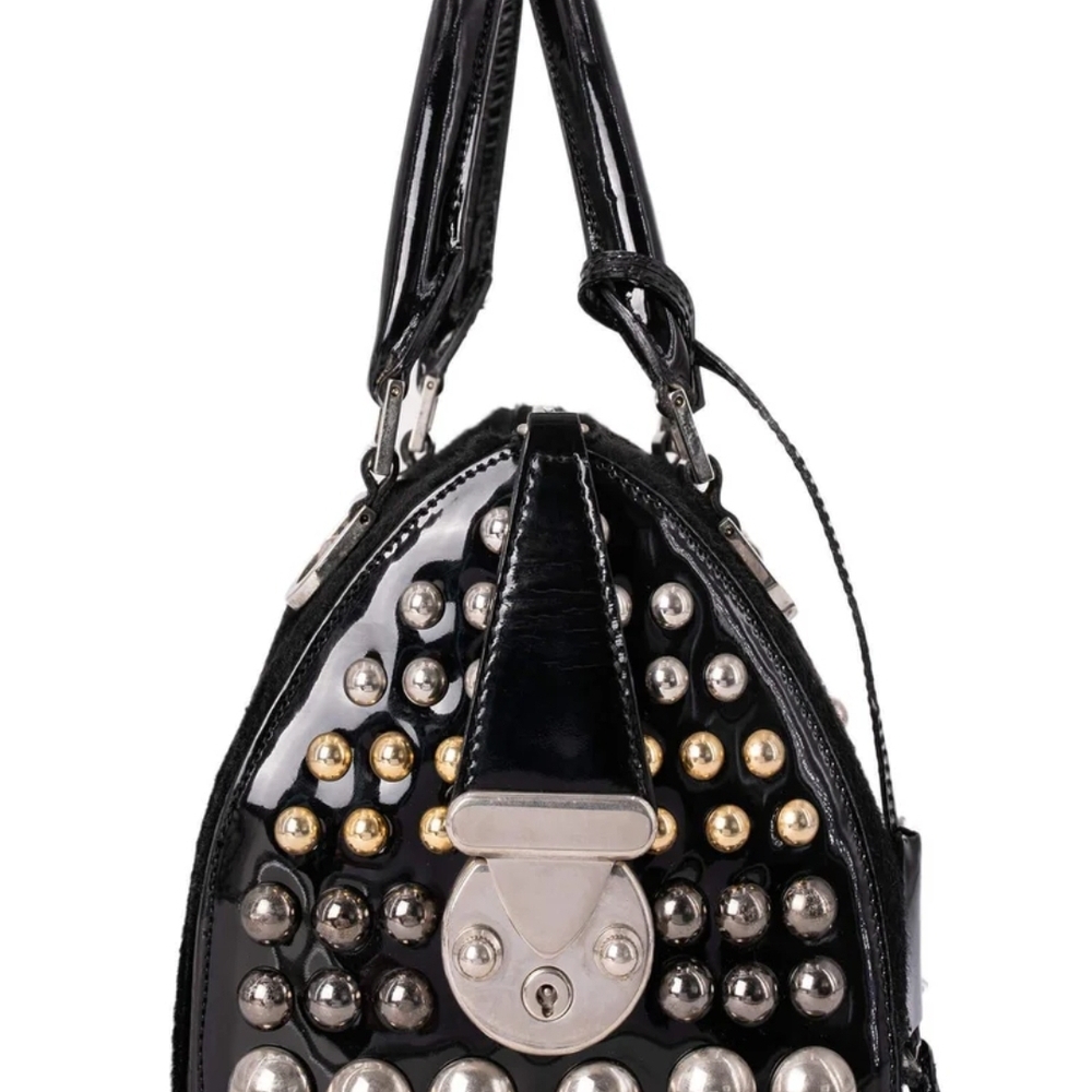 Authentic Versace Black Patent Leather Pony Hair Studded DV Speedy BAG 25 - Picture 3 of 15